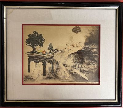 tableau représentant une femme assise à une table sur laquelle se trouve un bol de fruits