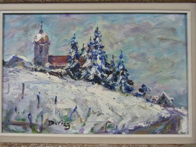 une peinture à l'huile représentant un paysage enneigé avec une église en arrière-plan