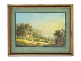 un tableau représentant une scène de vie à la ferme avec une calèche tirée par un cheval