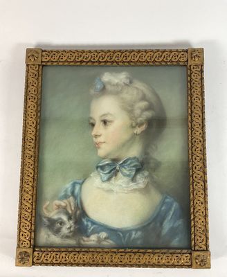 portrait of a woman with a cat in a blue dress