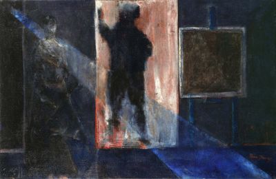 painting of a man standing in front of a mirror in a dark room