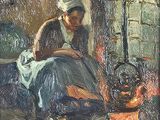 tableau représentant une femme assise devant un poêle, avec une casserole posée par terre