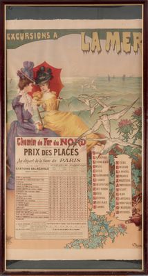 affiche encadrée représentant un couple assis sur un banc devant une carte de la mer