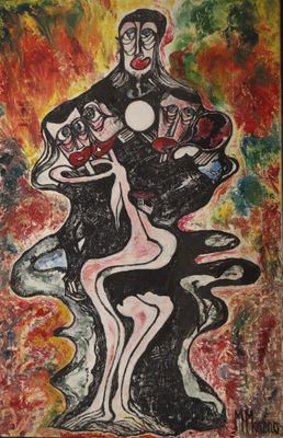 une peinture abstraite représentant une femme assise sur une chaise dans une pièce