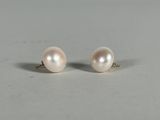 a pair of pearl earrings on a white surface