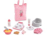 Ensemble de cuisine pour poupée avec un sac rose et des ustensiles, sur fond blanc