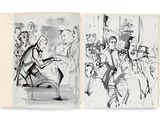 un livre ouvert contenant des dessins en noir et blanc représentant des personnes dans la rue