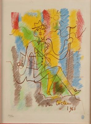 dessin représentant un homme assis sur une chaise, une guitare à la main