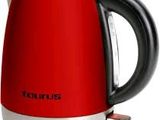 red and silver electric tea kettle on white background with logo