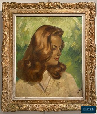 painting of a woman in a white shirt and gold frame on a wall