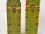 pair of green and yellow painted wooden boxes with metal handles
