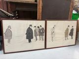 three framed pictures of men in coats and hats are on a table