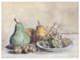 a painting of a plate of grapes and pears on a table