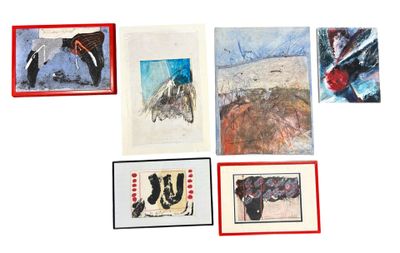 Lot de six tableaux comprenant technique mixte, lithographie…
