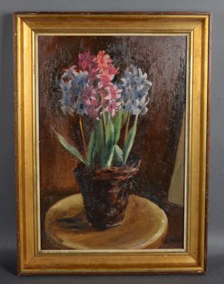 an oil painting of flowers in a pot on a plate