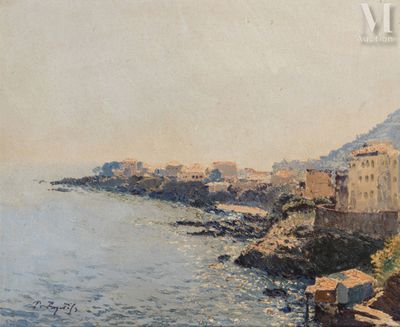 a painting of a view of a small town by the water