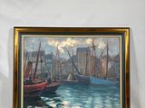 tableau représentant une scène portuaire avec des bateaux et des bâtiments en arrière-plan
