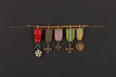 a group of medals hanging from a wooden stick on a black background