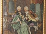 an old painting of a man and woman sitting in a room