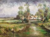 a painting of a rural scene with a stream