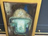 an oil painting of a green bottle on a wooden floor