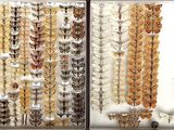 two pictures of a woman standing in front of a display of beads
