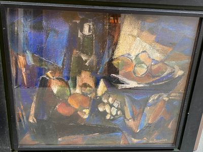 a picture of a painting of a still life with fruit and vegetables