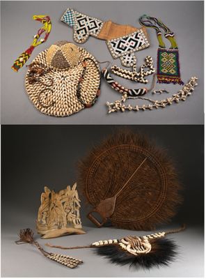 deux photos d'une collection d'objets traditionnels comprenant un chapeau, une plume et un éventail