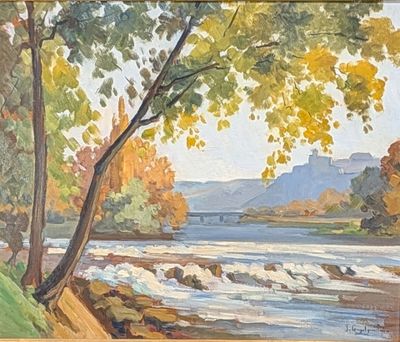 a picture of a painting of a river in the woods