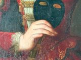 painting of a woman in a red dress holding a black mask