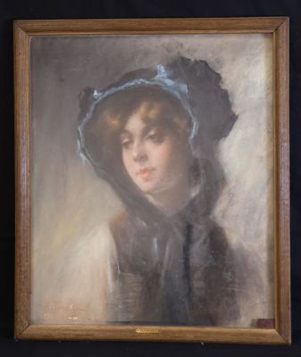 a painting of a woman wearing a blue hat and a black dress