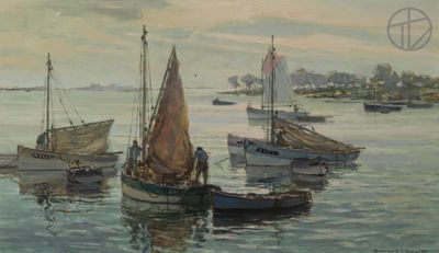 peinture d'un groupe de bateaux flottant sur un plan d'eau
