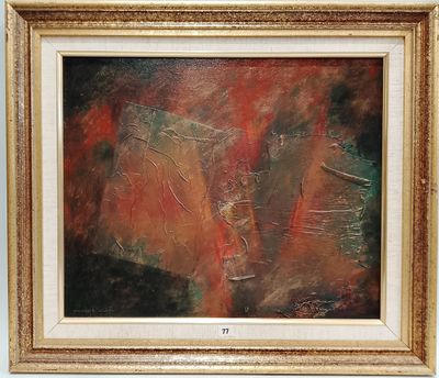 une peinture à l'huile représentant une œuvre abstraite aux couleurs rouge et verte, dans un cadre doré