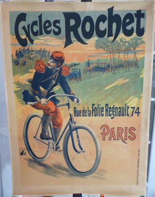 affiche représentant un homme à vélo avec un chien à l'arrière