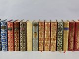 many books lined up in a row on a table
