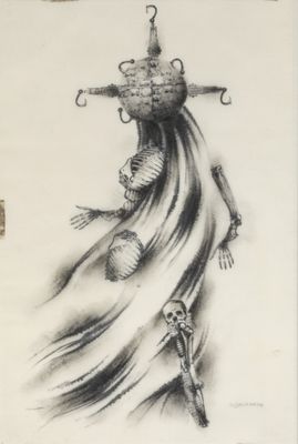 an image of a drawing of a woman with a basket on her head