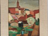 an oil painting of a person walking down a hill with a building in the background