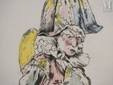 a drawing of a man wearing a hat and holding a cane