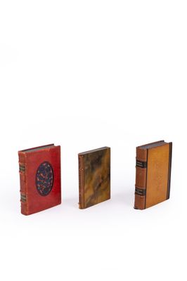 trois livres miniatures posés les uns à côté des autres sur une surface blanche