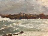 painting of a view of a rocky coast with a lighthouse in the distance