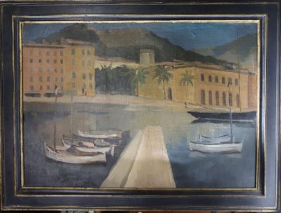 une image d'une peinture de bateaux dans un port