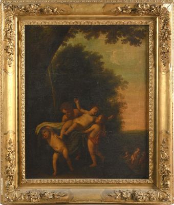 une peinture à l'huile représentant un groupe de nus dans un décor boisé