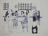 un dessin représentant un groupe de personnes assises à une table