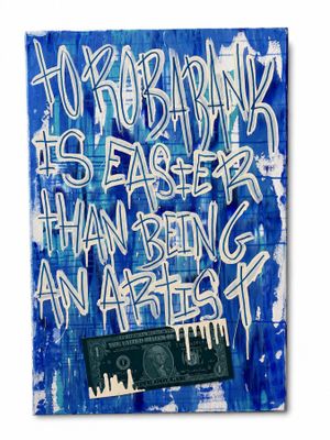 a blue and white poster with graffiti writing on it