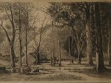 a black and white drawing of a farm in the woods