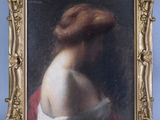 a painting of a woman ' s back in a gold frame