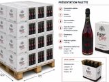 a picture of a box of wine and a bottle of wine on a pallet