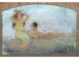painting of two women sitting on a bed in front of a mirror