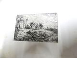 a black and white drawing of a man on a horse in a field