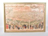 une vieille photo représentant un tableau d'une ville où l'on voit beaucoup de monde